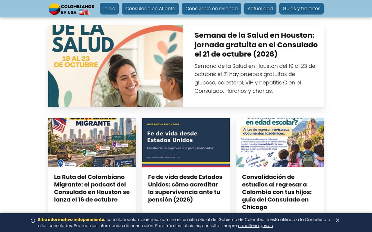 Sitio web Consulado de Colombia en EE. UU.: captura de pantalla