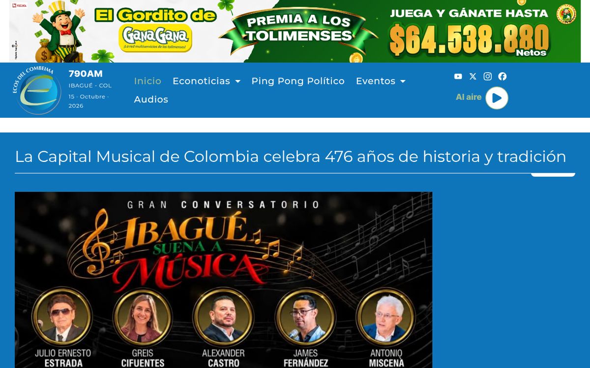 Sitio web Ecos del Combeima: captura de pantalla